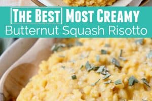 Butternut squash risotto in bowl with wooden spoon
