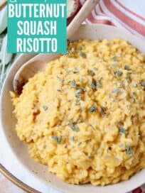 butternut squash risotto in bowl with spoon