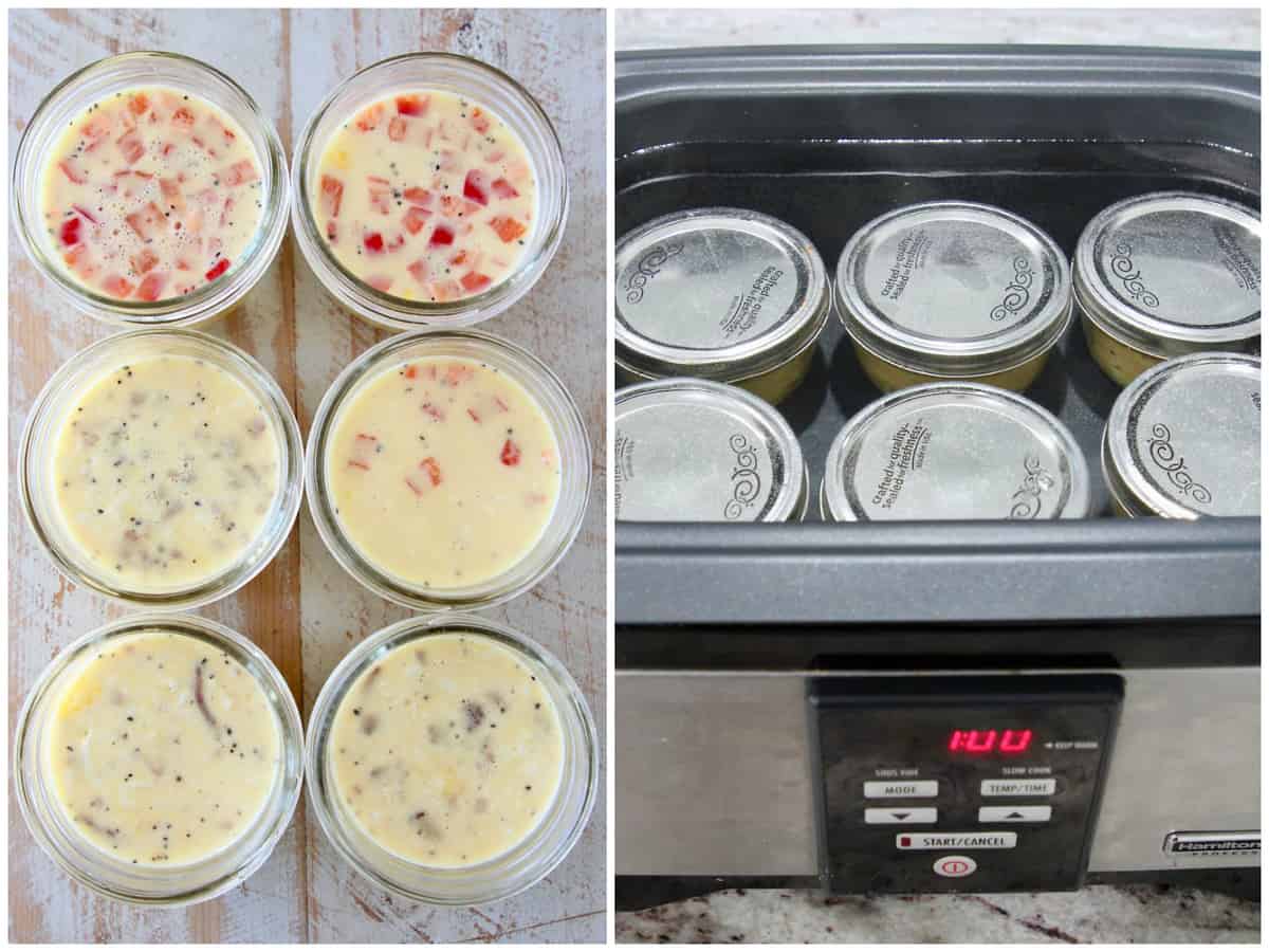 Collage of images for how to make sous vide egg bites in mason jars