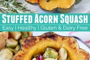 Roasted acorn squash halves stuffed with brussels sprouts and cranberries