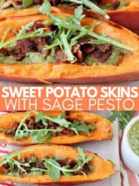 sweet potato skins filled with pesto, crumbled bacon and arugula on wood cutting board