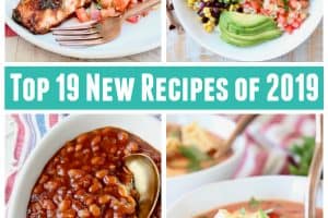 Collage of images featuring tortellini soup, baked beans, bruschetta salmon and burrito bowls