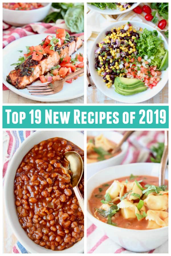 Collage of images featuring tortellini soup, baked beans, bruschetta salmon and burrito bowls