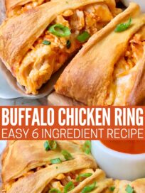 spatula under a piece of buffalo chicken taco ring on a wood board with a small bowl of buffalo sauce on the side