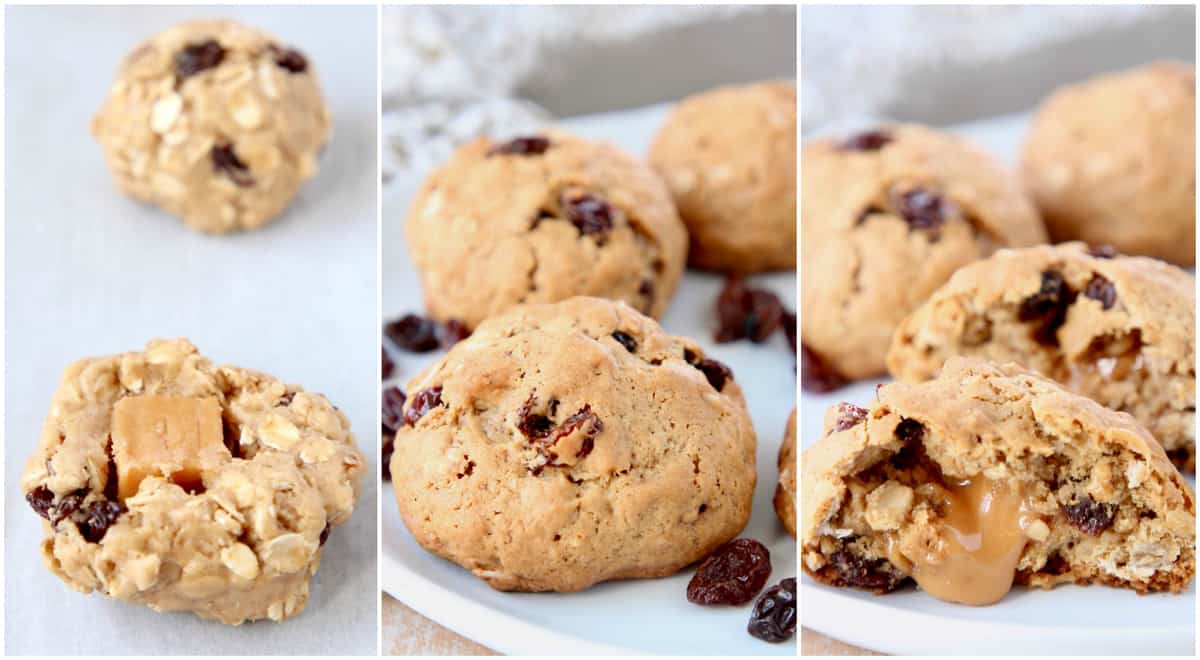 Collage of images showing how to make caramel filled oatmeal raisin cookies