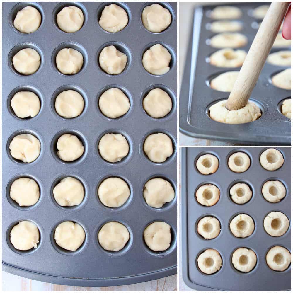 Collage of images showing how to make sugar cookie cups in a mini muffin tin