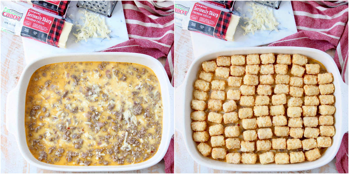 Instructional images for how to make a Tater Tot Breakfast Casserole