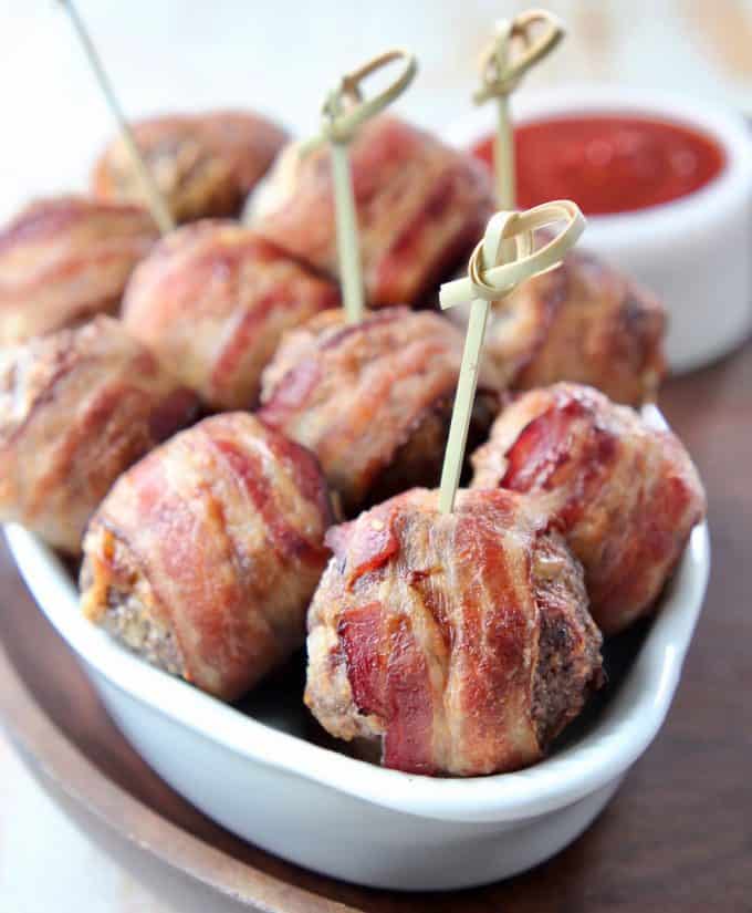 Cheesy Bacon Wrapped Meatballs - WhitneyBond.com