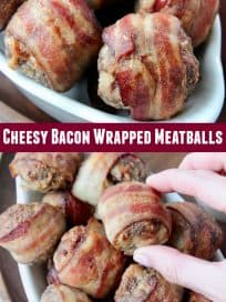Hand holding bacon wrapped meatball