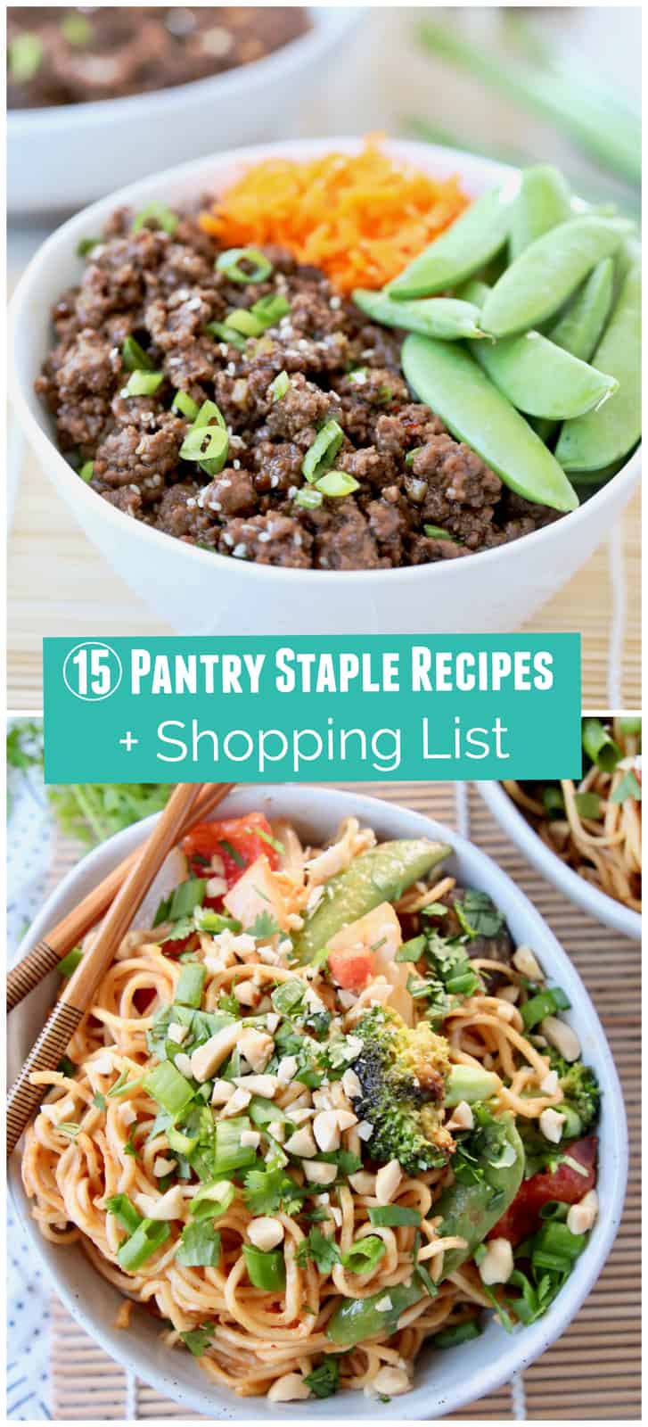 Collage of images including bowl of bbq ground beef and bowl of noodles with vegetables