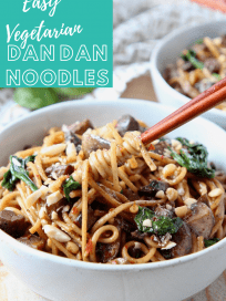 Image of dan dan noodles in bowl with text overlay