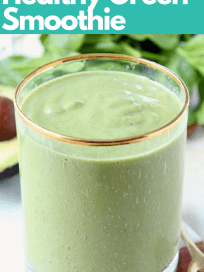 Image of green smoothie in glass with text overlay