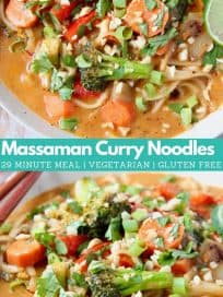 Image of vegetable massaman curry with noodles in bowl, with text overlay