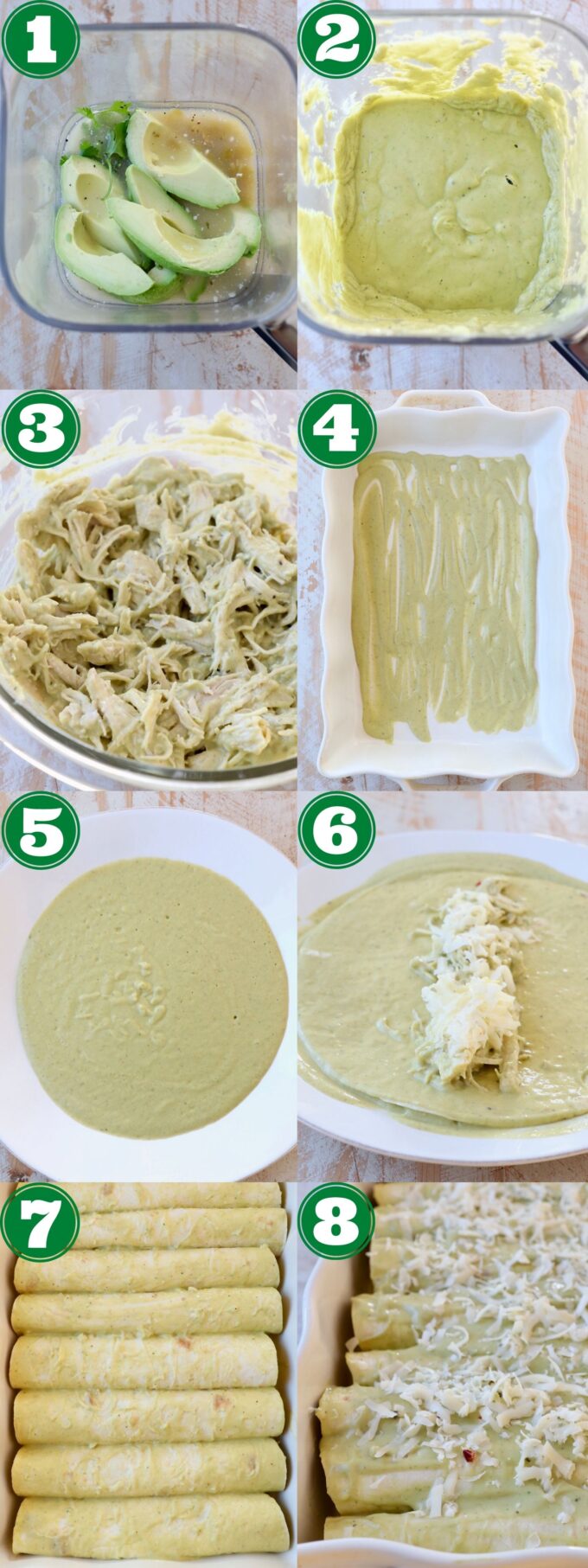 collage of images showing how to make chicken enchiladas with green sauce