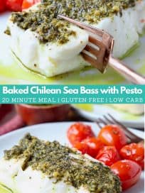 Image of cooked sea bass, topped with pesto, with text overlay