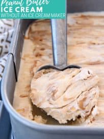 Peanut butter ice cream being scooped out of metal container