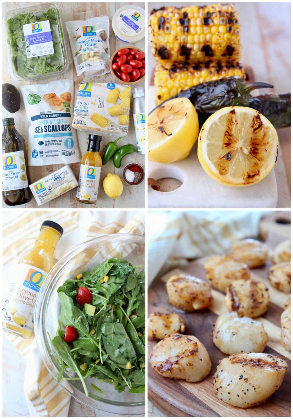 Collage of images showing the ingredients and how to make grilled scallops with a salad