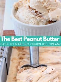 Peanut butter ice cream being scooped out of metal container and scoops of ice cream in bowls