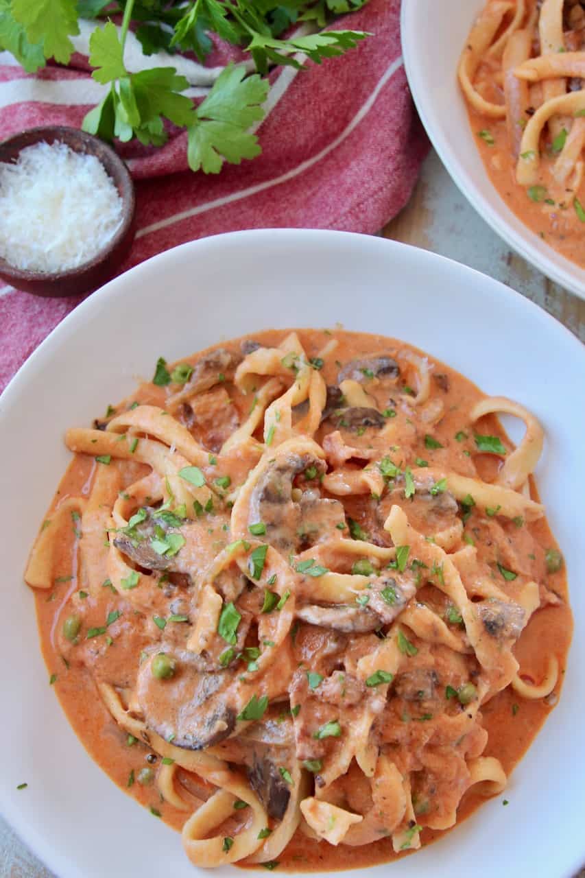 Pasta in creamy tomato sauce in bowl