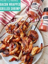 Bacon wrapped shrimp on wood skewers