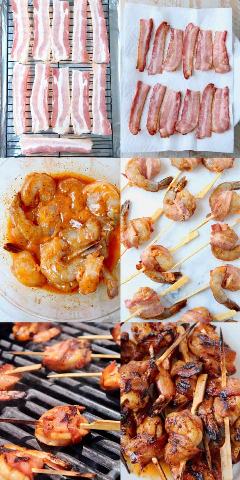 Collage of images showing how to make grilled bacon wrapped shrimp