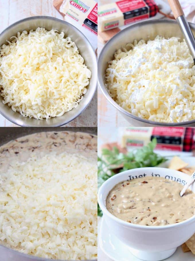 collage of images showing how to make french onion dip queso