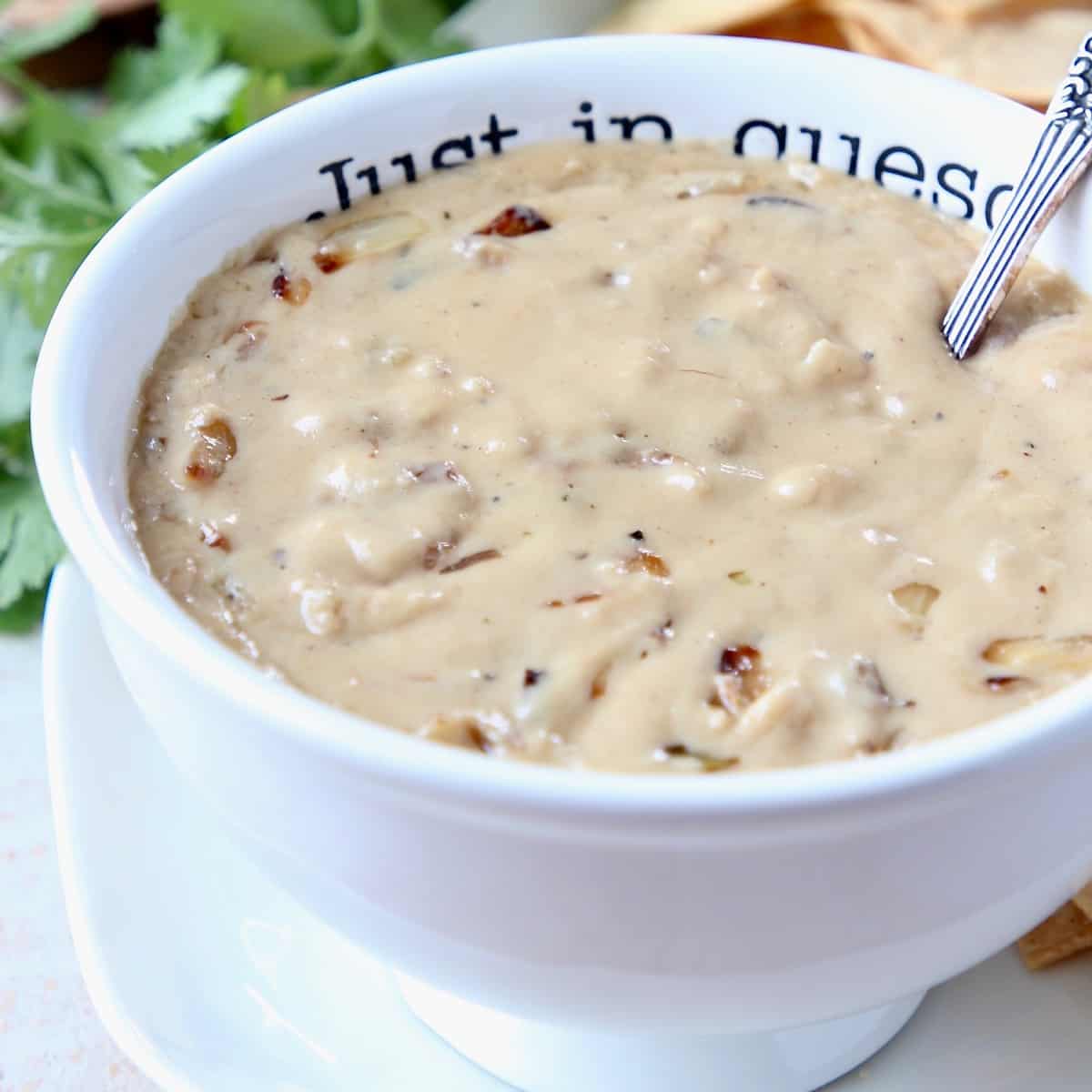 French onion dip queso in bowl with spoon