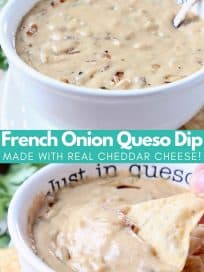 French onion dip queso in bowl with spoon