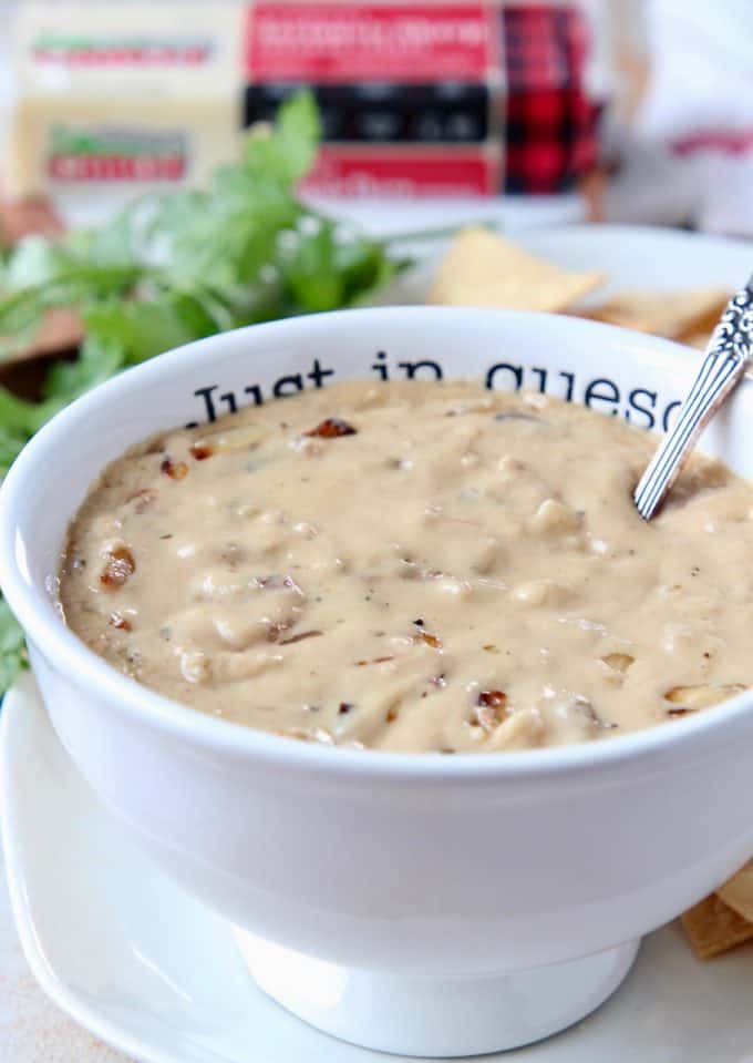 Queso dip in bowl with spoon