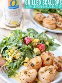 grilled scallops on plate with arugula salad