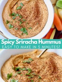 Sriracha hummus in bowl with gold spoon