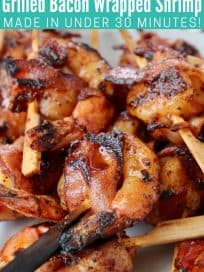 Bacon wrapped shrimp on wood skewers