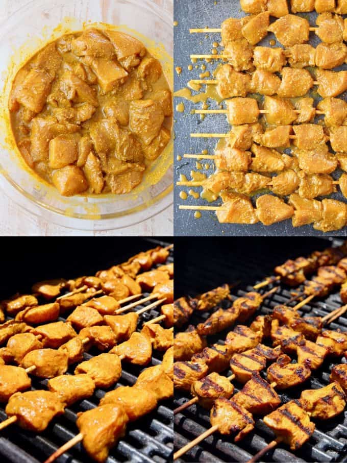 Collage showing how to make chicken satay