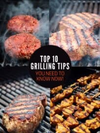 Collage of images showing meat on the grill