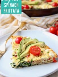 Slice of frittata on plate with fork