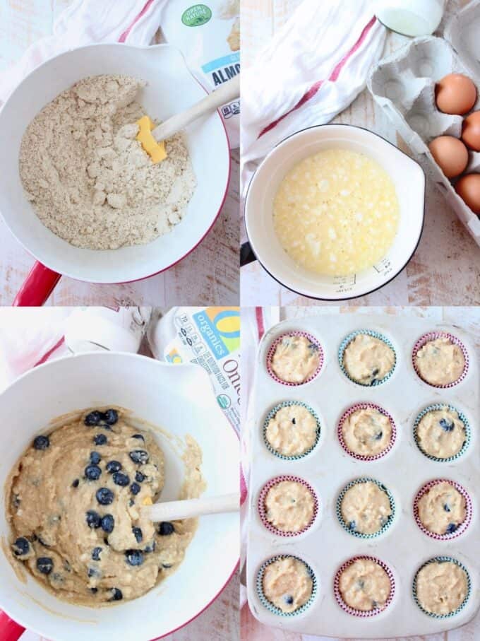 collage of images showing how to make low carb blueberry muffins