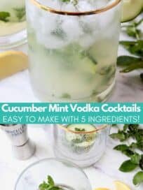 Cocktail in gold rimmed glass with mint and cucumber