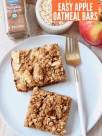 overhead image of apple oatmeal bars on plate with fork