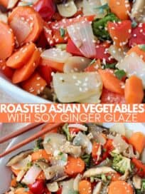 roasted vegetables in bowl with chopsticks