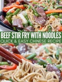 beef stir fry with noodles in skillet with serving spoon and chopsticks