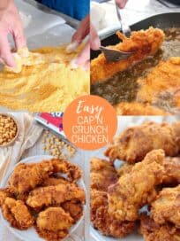 Collage of images showing how to make captain crunch chicken