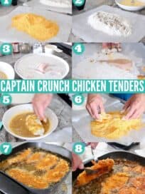 Collage of images showing how to make captain crunch chicken tenders