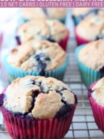 Blueberry muffin in paper liner on wire rack
