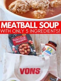 meatball soup in bowl with ingredients for the soup on shopping bag