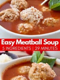 meatball soup in bowl with gold spoon