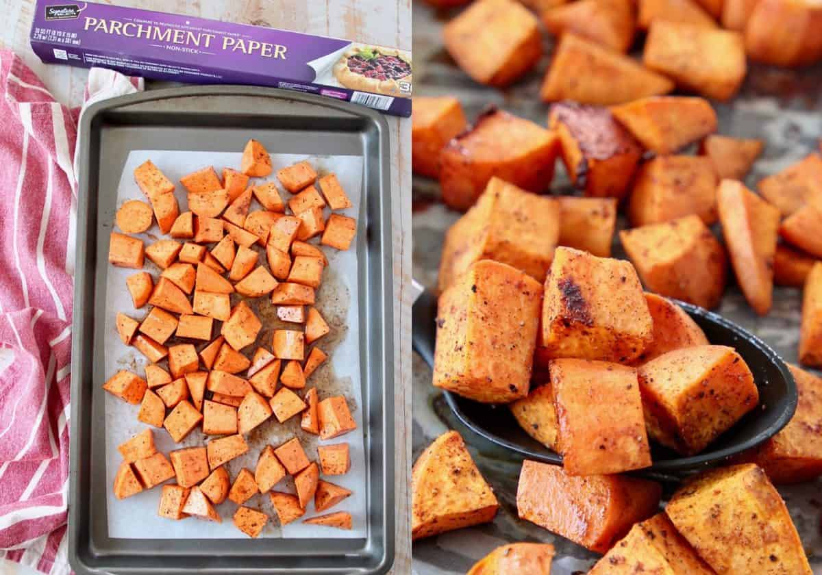 collage of images showing how to make roasted sweet potatoes with honey