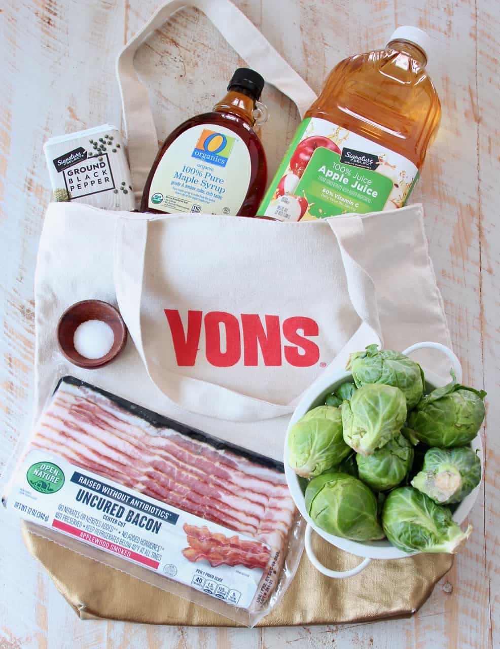 Ingredients for maple bacon brussel sprouts in Vons canvas bag