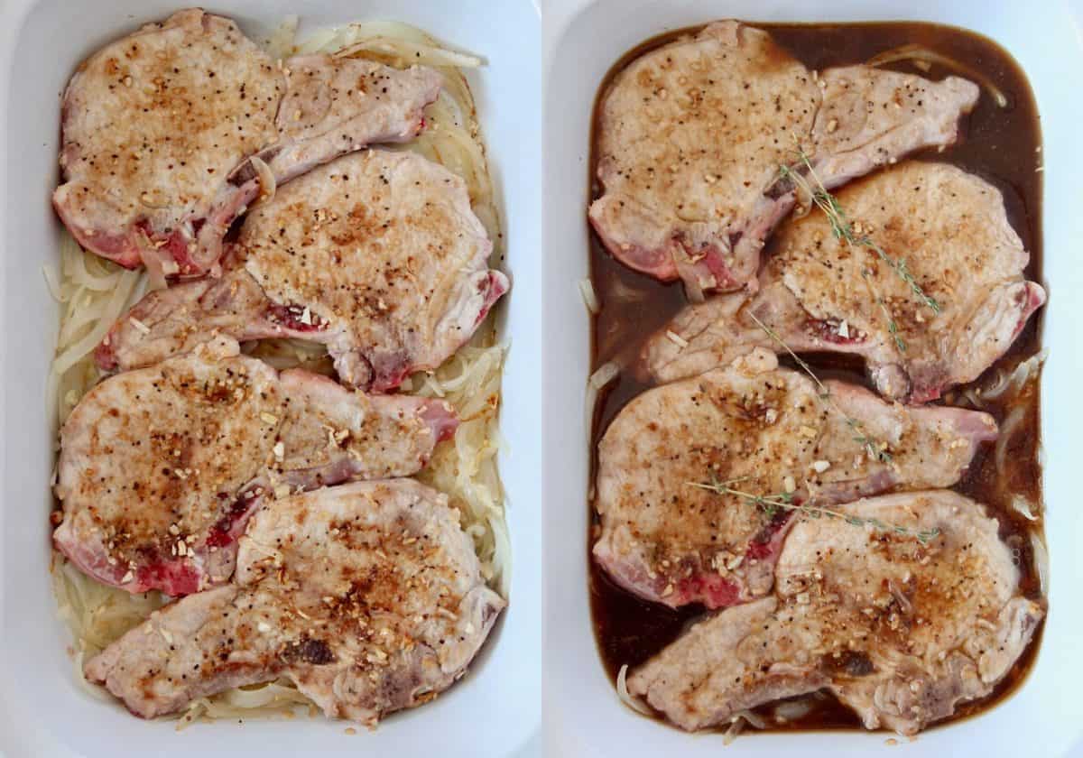 side by side images of pork chops in slow cooker with onions and beef broth