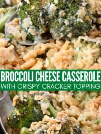 broccoli casserole in dish with cracker topping