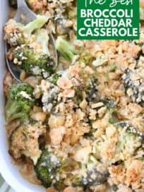 overhead image of broccoli casserole with ritz topping in casserole dish with serving spoon